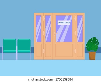 Flat vector illustration: corridor in the hospital. Hospital door.