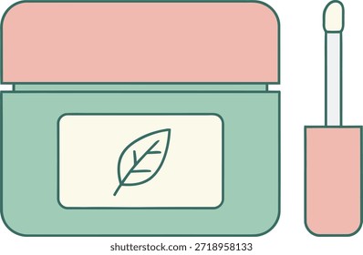 Una Ilustración vectorial plana de un frasco de crema cosmética y una varita aplicadora con un símbolo de hoja, que representa el cuidado natural y orgánico de la piel, productos de belleza a base de hierbas y cuidados personales.
