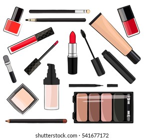 Flat vector illustration of cosmetic products. White background.