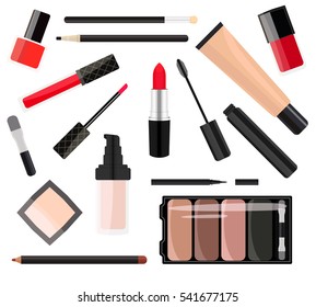 Flat vector illustration of cosmetic products. White background.