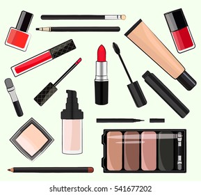 Flat vector illustration of cosmetic products. Green background.