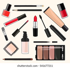 Flat vector illustration of cosmetic products. Yellow background.