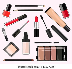 Flat vector illustration of cosmetic products. Pink background.