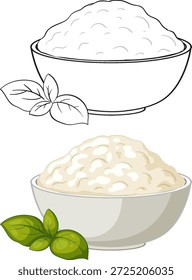 Ilustração de vetor plano de queijo cottage em uma tigela com manjericão, incluindo versão de arte em linha