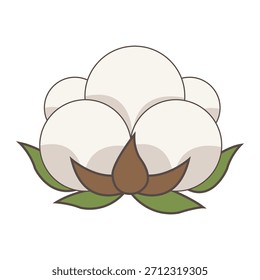 Flat vector illustration of a cotton flower icon with green leaves and brown stem isolated on white background