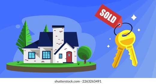 Flat vector illustration of a country house with house keys and a sold sign, real estate for sale.	

