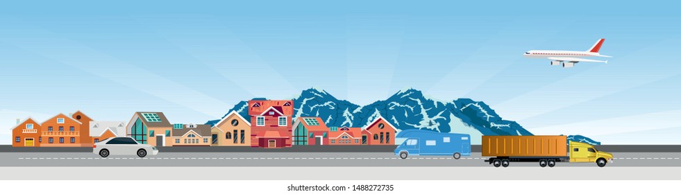 Flat Vector Illustration Of  Countryside  Landscape Street With Cars, Houses , Family Houses In Small Town And Mountain With Trees In Background. Banner Horizontal Panorama.
