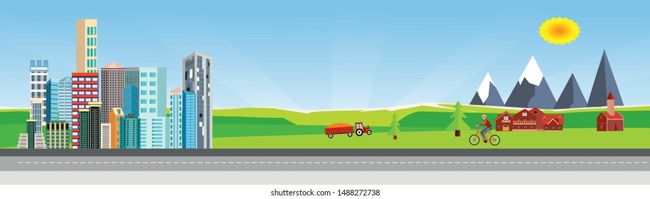 Flat vector illustration of  countryside  landscape urban street with cars, houses , family houses in small town and mountain  in background. Banner horizontal panorama.