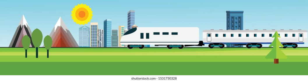 Flat vector illustration of countryside landscape urban view, train driving near the city houses , f and mountain in background. Banner horizontal panorama.
