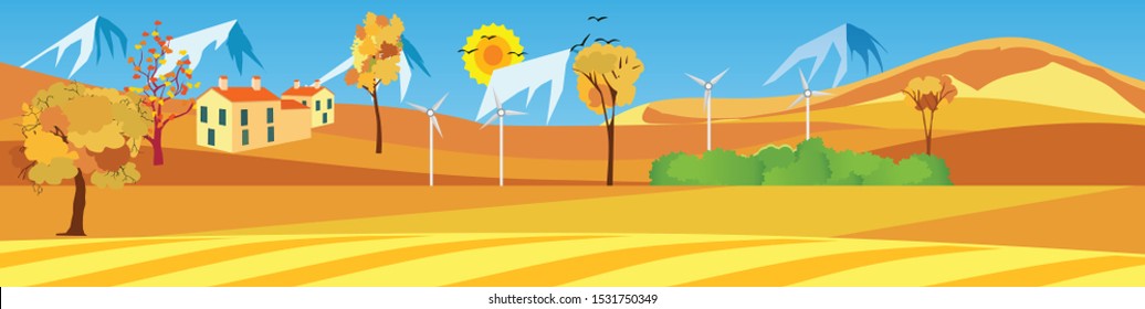 Flat vector illustration of countryside landscape golden hills view, the mountains ,in background. Banner horizontal panorama.

