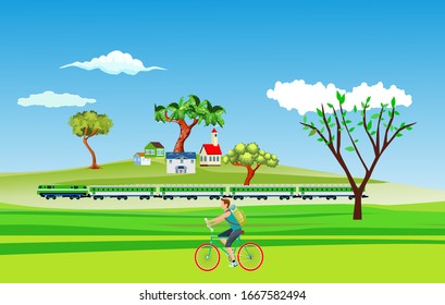 Ilustración vectorial plana del paisaje rural con viajeros ciclistas, tren, casas , casas familiares en pueblo pequeño y montaña en el fondo.
