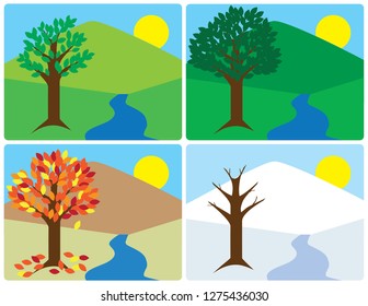 A flat vector illustration of a countryside undergoing the change of seasons