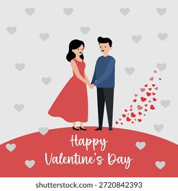 Flache Vektorgrafik eines Paares, das Hände hält, die auf einer roten Oberfläche stehen, mit dem Text "Happy Valentine's Day", umgeben von schwebenden Herzen.