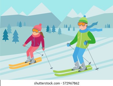 Flat vector illustration of couple skiing in the mountains. Winter sport  and recreation. Ski resort with young man and woman.  