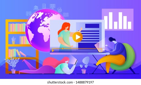 Flat vector illustration of a couple studying at home remotely. Online education design concept. Man and a woman educating themselves and watching videos on their devices.