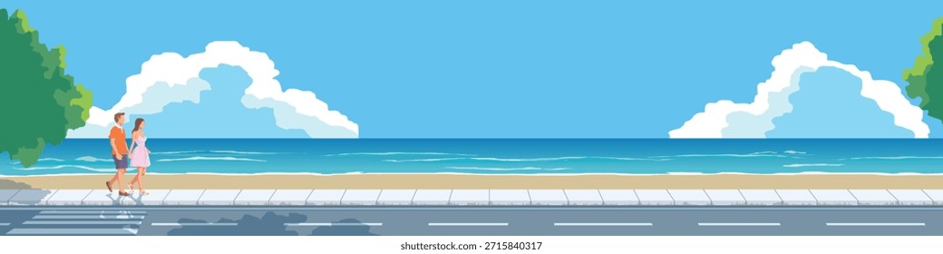 Ilustração de vetor plano de casais de mãos dadas caminhando juntos na praia. Paisagem da estrada de asfalto com caminho pedestre. Praias arenosas limpas e mar azul imaculado sob um céu azul claro. Para banner.