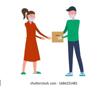 Flat vector illustration: courier in a medical mask gives the box to the buyer. Delivery during quarantine. Woman in a bathrobe.