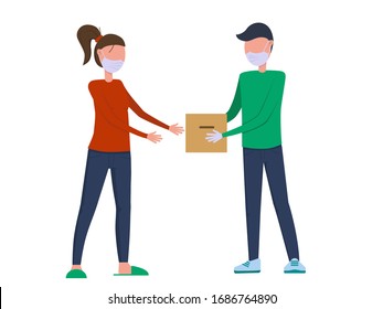 Flat vector illustration: courier in a medical mask gives the box to the buyer. Delivery during quarantine.