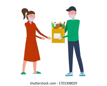 Ilustración vectorial plana: el mensajero con una máscara médica da el paquete al comprador. Entrega durante la cuarentena. Mujer en un albornoz.