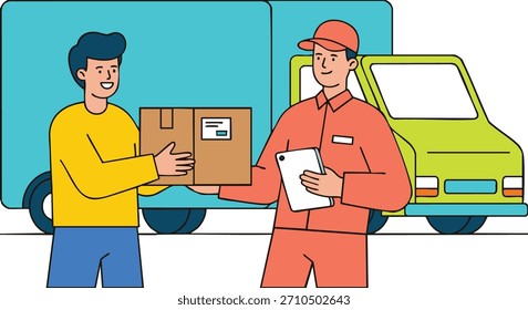 Ilustración vectorial plana de un mensajero en uniforme entregando una caja de cartón a un Cliente feliz cerca de un camión de entrega. Concepto de servicio logístico y de envío.