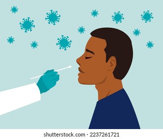 Flat vector illustration of Covid PCR test. Man patient during nasal swab for lab research, checking coronavirus with sample from nose