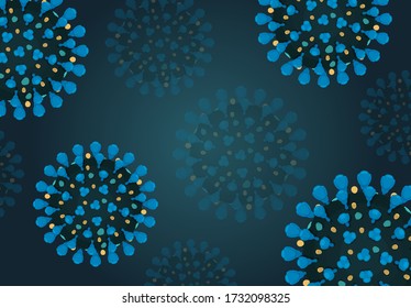 Flat vector illustration of COVID-19 flying in the air. Close-up view of blue coronavirus with spikes on dark background.