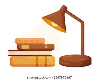 Ilustração vetor plana de uma pilha de livros acolhedora de outono com uma lâmpada de mesa clássica. Ideal para educação, estudo, conhecimento ou leitura de temas de recantos. Design limpo, isolado no fundo branco.