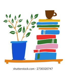 Ilustração vetor plana de uma prateleira acolhedora com livros coloridos e plantas em vaso. Arte moderna estilo desenhado à mão adequada para gráficos de decoração doméstica, conceitos de leitura, projetos educacionais, design editorial, cartazes, visuais de mídia social e ilustrações de estilo de vida.