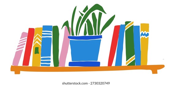 Ilustração vetor plana de uma prateleira acolhedora com livros coloridos e plantas em vaso. Arte moderna estilo desenhado à mão adequada para gráficos de decoração doméstica, conceitos de leitura, projetos educacionais, design editorial, cartazes, visuais de mídia social e ilustrações de estilo de vida.