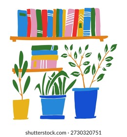 Flat vector illustration of a cozy bookshelf with colorful books and potted plants. Modern hand-drawn style artwork suitable for home decor graphics, reading concepts, education projects, editorial design, posters, social media visuals, and lifestyle illustrations.