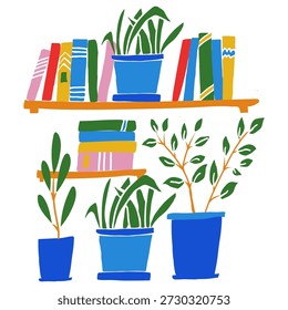 Ilustración vectorial plana de una acogedora estantería con libros de colores y plantas en maceta. Ilustraciones modernas de estilo dibujado a mano adecuadas para gráficos de decoración del hogar, conceptos de lectura, proyectos educativos, diseño editorial, carteles, imágenes de redes sociales e ilustraciones de estilo de vida.