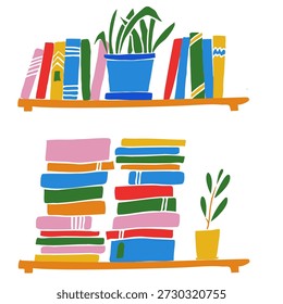 Ilustración vectorial plana de una acogedora estantería con libros de colores y plantas en maceta. Ilustraciones modernas de estilo dibujado a mano adecuadas para gráficos de decoración del hogar, conceptos de lectura, proyectos educativos, diseño editorial, carteles, imágenes de redes sociales e ilustraciones de estilo de vida.