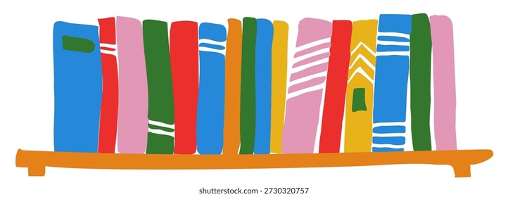 Ilustração vetor plana de uma prateleira acolhedora com livros coloridos e plantas em vaso. Arte moderna estilo desenhado à mão adequada para gráficos de decoração doméstica, conceitos de leitura, projetos educacionais, design editorial, cartazes, visuais de mídia social e ilustrações de estilo de vida.
