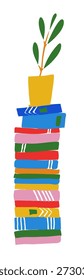 Ilustração vetor plana de uma prateleira acolhedora com livros coloridos e plantas em vaso. Arte moderna estilo desenhado à mão adequada para gráficos de decoração doméstica, conceitos de leitura, projetos educacionais, design editorial, cartazes, visuais de mídia social e ilustrações de estilo de vida.