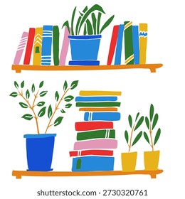 Ilustração vetor plana de uma prateleira acolhedora com livros coloridos e plantas em vaso. Arte moderna estilo desenhado à mão adequada para gráficos de decoração doméstica, conceitos de leitura, projetos educacionais, design editorial, cartazes, visuais de mídia social e ilustrações de estilo de vida.
