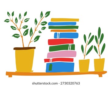 Ilustración vectorial plana de una acogedora estantería con libros de colores y plantas en maceta. Ilustraciones modernas de estilo dibujado a mano adecuadas para gráficos de decoración del hogar, conceptos de lectura, proyectos educativos, diseño editorial, carteles, imágenes de redes sociales e ilustraciones de estilo de vida.