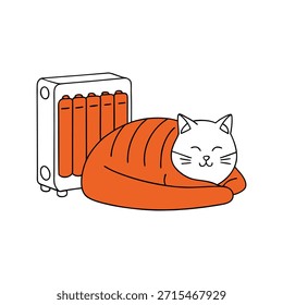 Ilustração de vetor plano de um gato acolhedor ondulado perto de um aquecedor quente com fundo branco