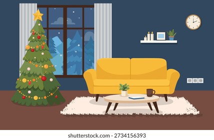 Flache Vektorgrafik eines gemütlichen Weihnachts-Wohnzimmerinnenraums mit dekoriertem Baum, gelbem Sofa, Couchtisch und Winter-Nachtfensterblick. Festliche Ferienhausszene für Web und Print.