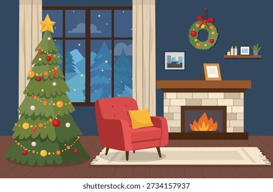 Flat vector illustration of a cozy Christmas living room with decorated tree, fireplace, armchair and winter window view. Warm festive home interior scene for holiday design.