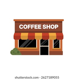 Flat vector illustration of a cozy coffee shop building with large windows, striped awning, and signage, ideal for café or food-related content.