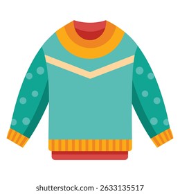A flat vector illustration of a cozy, colorful sweater with a teal body, patterned sleeves, and yellow accents on a white background.