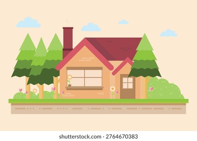 Flat vector illustration of a cozy countryside house surrounded by green trees and nature. Simple rural landscape with warm colors, perfect for real estate, nature, or peaceful living concepts.