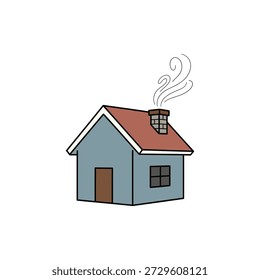 Ilustração vetorial plana de uma casa acolhedora com fumaça saindo da chaminé. Simboliza casa, calor, conforto no inverno e imóveis.