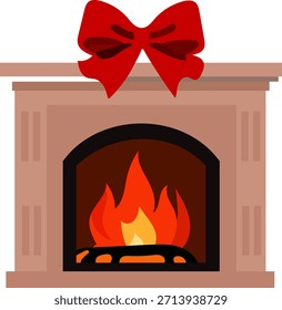 Ilustração vetorial plana de uma lareira acolhedora decorada com um arco vermelho. Perfeito para inverno, Natal, casa acolhedora e temas de atmosfera de férias.