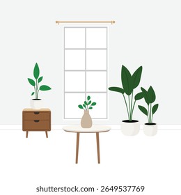 Flat vector illustration of a cozy indoor room with potted houseplants, modern furniture, and large window. Minimalist plant interior decor with natural tones and clean layout.