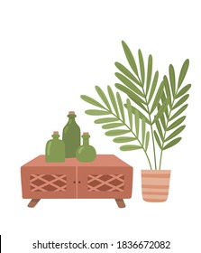 Flat vector illustration of cozy living room interior with chest, plant, bottle. Comfortable apartment decorated in Scandinavian hygge style.