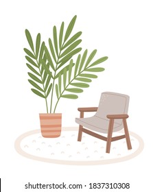 Flat vector illustration of cozy living room interior with armchair, plant ant carpet. Comfortable apartment decorated in Scandinavian hygge style.