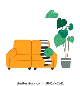 Flat vector illustration of cozy living room interior with sofa with pillow and plant, home decorations. Comfortable apartment decorated in Scandinavian hygge style.