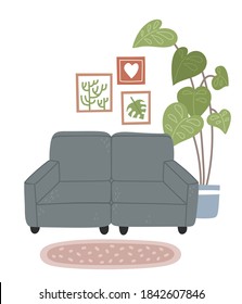 Ilustración vectorial plana del interior de la acogedora sala de estar con sofá, planta, fotos en la pared y decoración de la casa. Confortable apartamento decorado al estilo de la higge escandinava.
