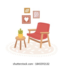 Flat vector illustration of cozy living room interior with armchair, table with plant, pictures on wall, home decorations. Comfortable apartment decorated in Scandinavian hygge style.